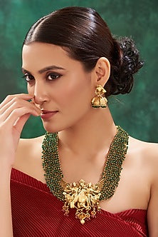 Gold Finish Green Stone Carved Long Necklace Set
