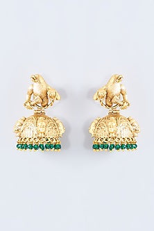 Gold Finish Green Stone Carved Long Necklace Set