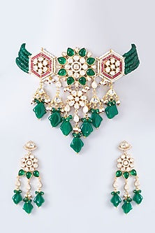 Gold Finish Kundan Polki & Green Stone Choker Necklace Set