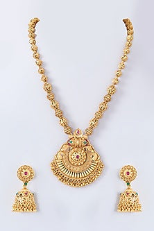 Gold Finish Multi-Colored Stone Floral Carved Long Necklace Set