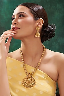 Gold Finish Multi-Colored Stone Floral Carved Long Necklace Set