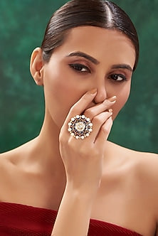 Gold Finish Kundan Polki Enamelled Ring