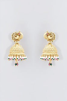 Gold Finish Multi-Colored Beaded Motif Dangler Earrings