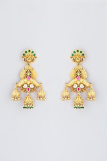 Gold Finish Kundan Polki & Beaded Temple Dangler Earrings