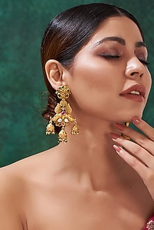 Gold Finish Kundan Polki & Beaded Temple Dangler Earrings