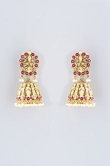 Gold Finish Magenta Stone & Beaded Temple Dangler Earrings