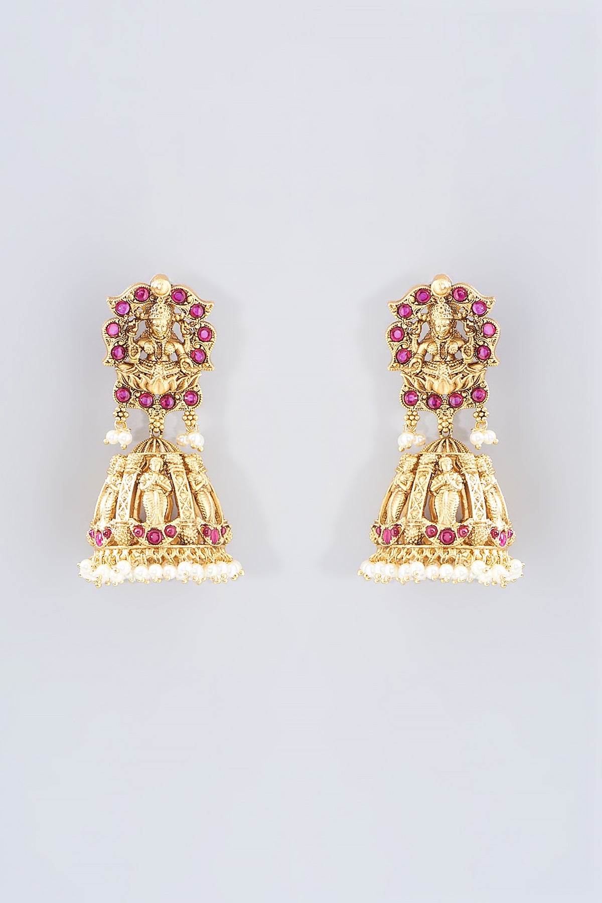 Gold Finish Magenta Stone & Beaded Temple Dangler Earrings