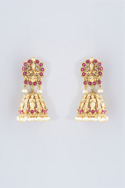 Gold Finish Magenta Stone & Beaded Temple Dangler Earrings