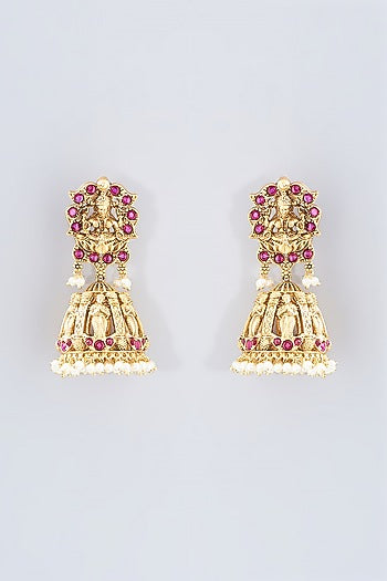 Gold Finish Magenta Stone & Beaded Temple Dangler Earrings