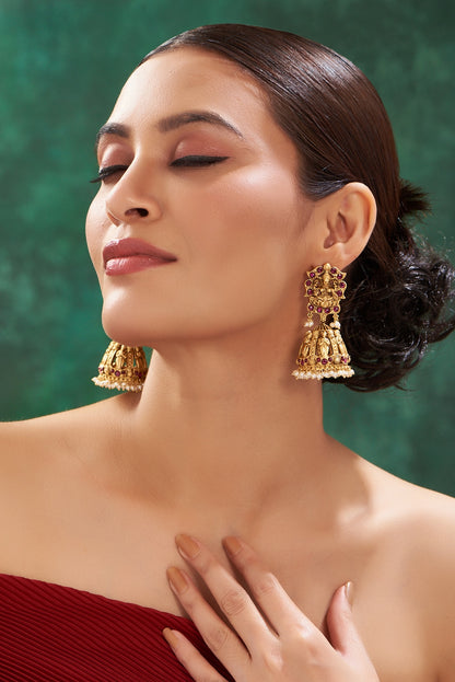 Gold Finish Magenta Stone & Beaded Temple Dangler Earrings