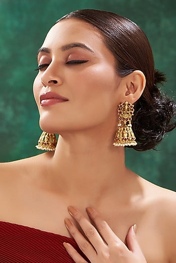 Gold Finish Magenta Stone & Beaded Temple Dangler Earrings
