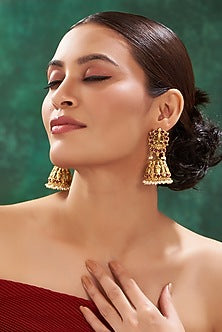 Gold Finish Magenta Stone & Beaded Temple Dangler Earrings