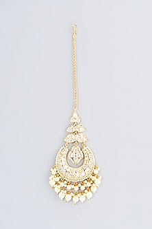 Gold Finish Kundan Polki & Pearl Drop Maangtikka