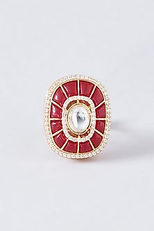 Gold Finish Kundan Polki & Red Stone Ring