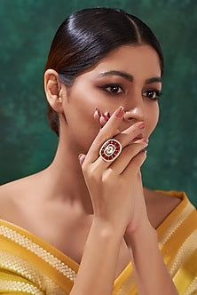 Gold Finish Kundan Polki & Red Stone Ring