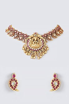Gold Finish Pink Stone Necklace Set