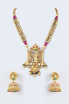 Gold Finish Pink & Green Stone Long Necklace Set