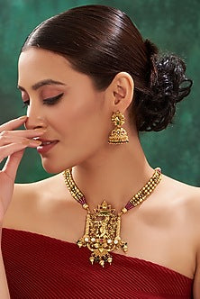 Gold Finish Pink & Green Stone Long Necklace Set