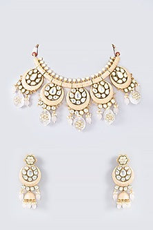 Gold Finish Kundan Polki & Stone Drop Enamelled Necklace Set