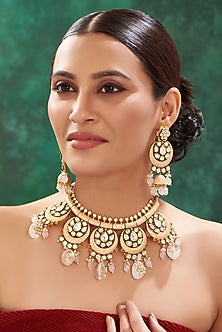 Gold Finish Kundan Polki & Stone Drop Enamelled Necklace Set
