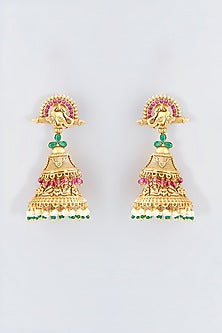 Gold Finish Pink & Green Stone Dangler Earrings
