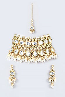 Gold Finish Kundan Polki & Pearl Drop Dangler Earrings