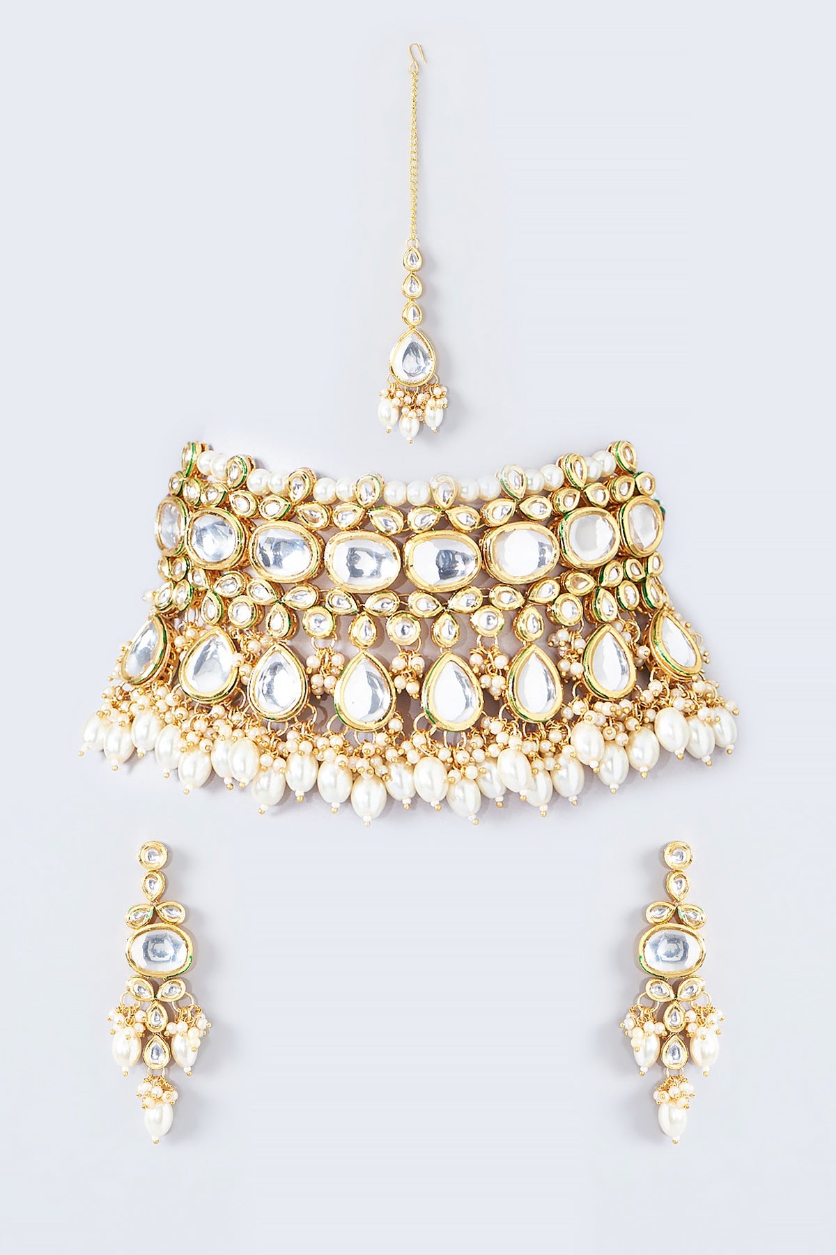 Gold Finish Kundan Polki & Pearl Drop Dangler Earrings