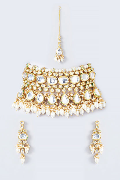 Gold Finish Kundan Polki & Pearl Drop Dangler Earrings