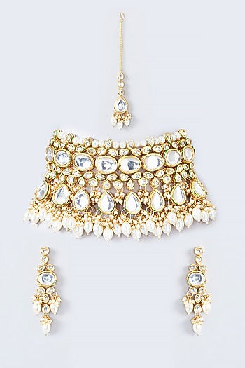Gold Finish Kundan Polki & Pearl Drop Dangler Earrings