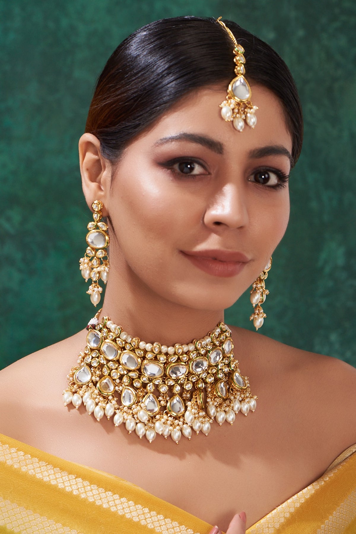 Gold Finish Kundan Polki & Pearl Drop Dangler Earrings