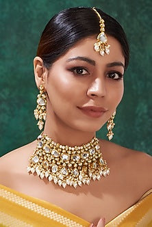 Gold Finish Kundan Polki & Pearl Drop Dangler Earrings
