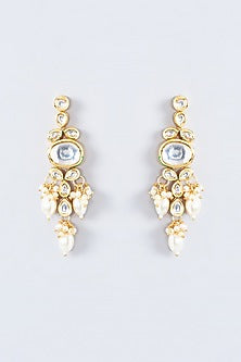 Gold Finish Kundan Polki & Pearl Drop Dangler Earrings