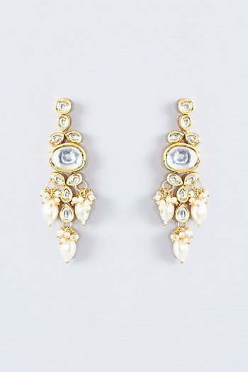 Gold Finish Kundan Polki & Pearl Drop Dangler Earrings