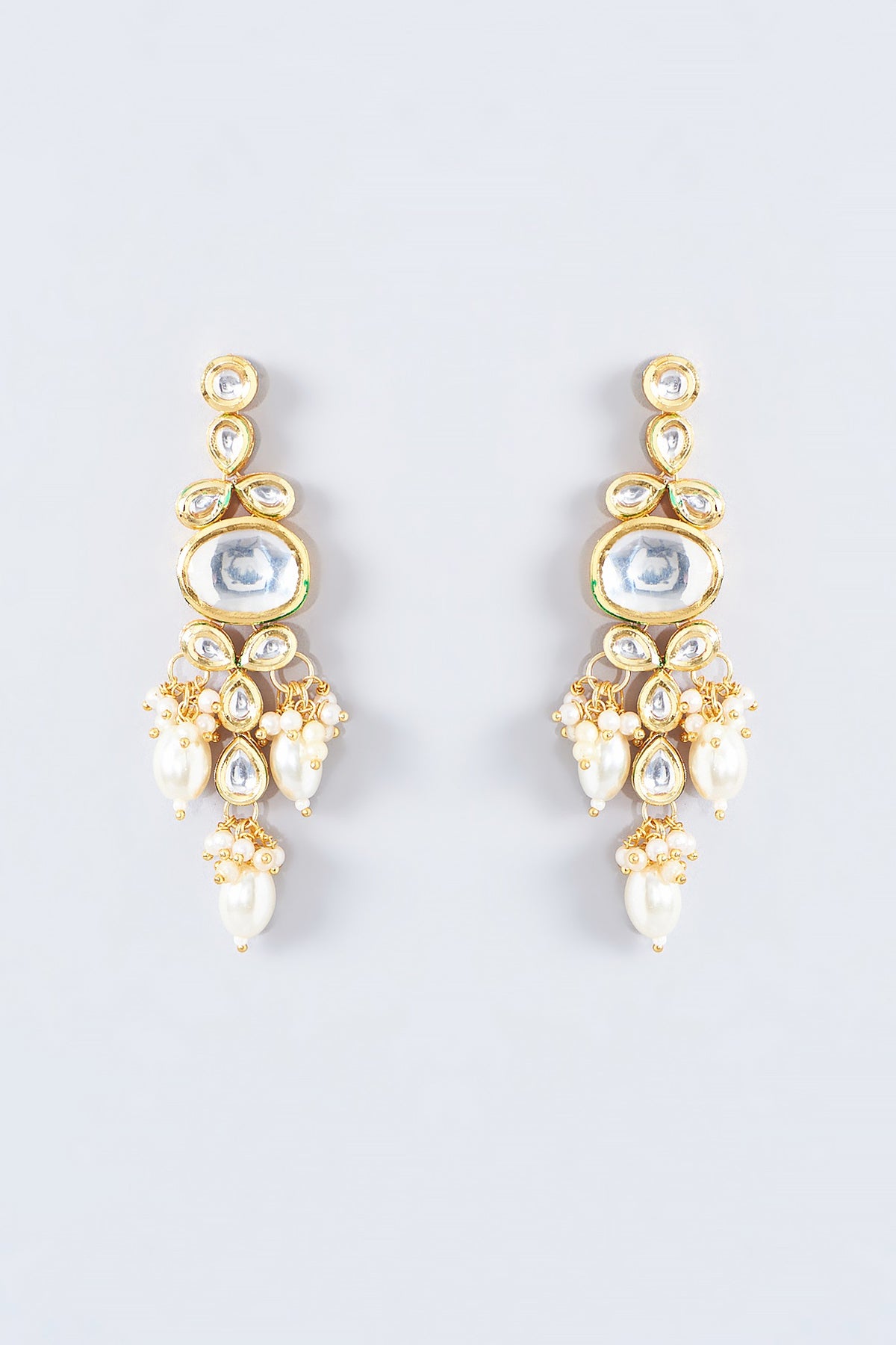 Gold Finish Kundan Polki & Pearl Drop Dangler Earrings