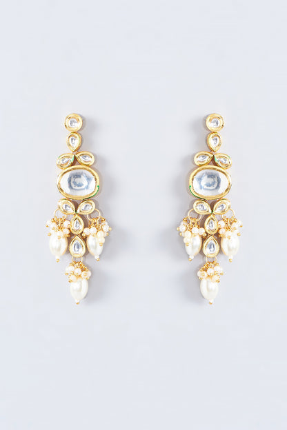 Gold Finish Kundan Polki & Pearl Drop Dangler Earrings