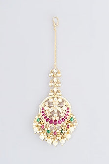 Gold Finish Kundan Polki & Magenta Stone Maangtikka