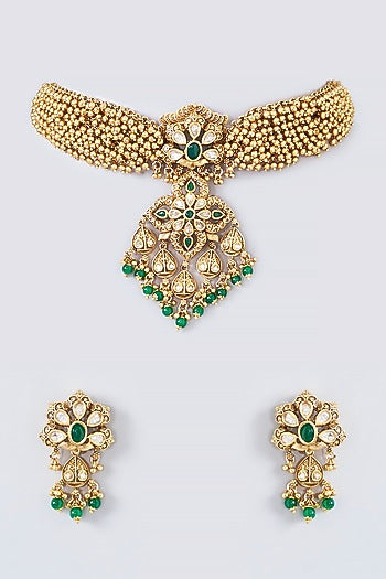 Gold Finish Beaded Temple Necklace Set