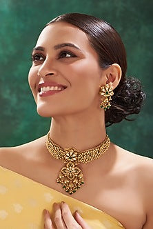 Gold Finish Beaded Temple Necklace Set