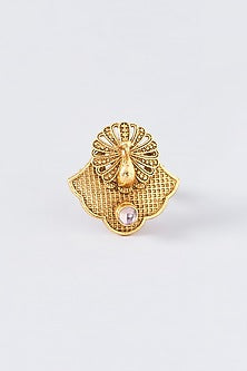 Gold Finish Kundan Peacock Ring