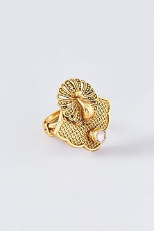 Gold Finish Kundan Peacock Ring