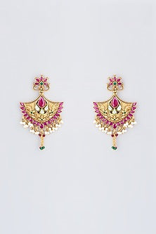 Gold Finish Pink Beaded Dangler Earrings
