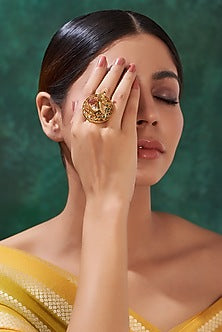 Gold Finish Kundan Peacock Ring