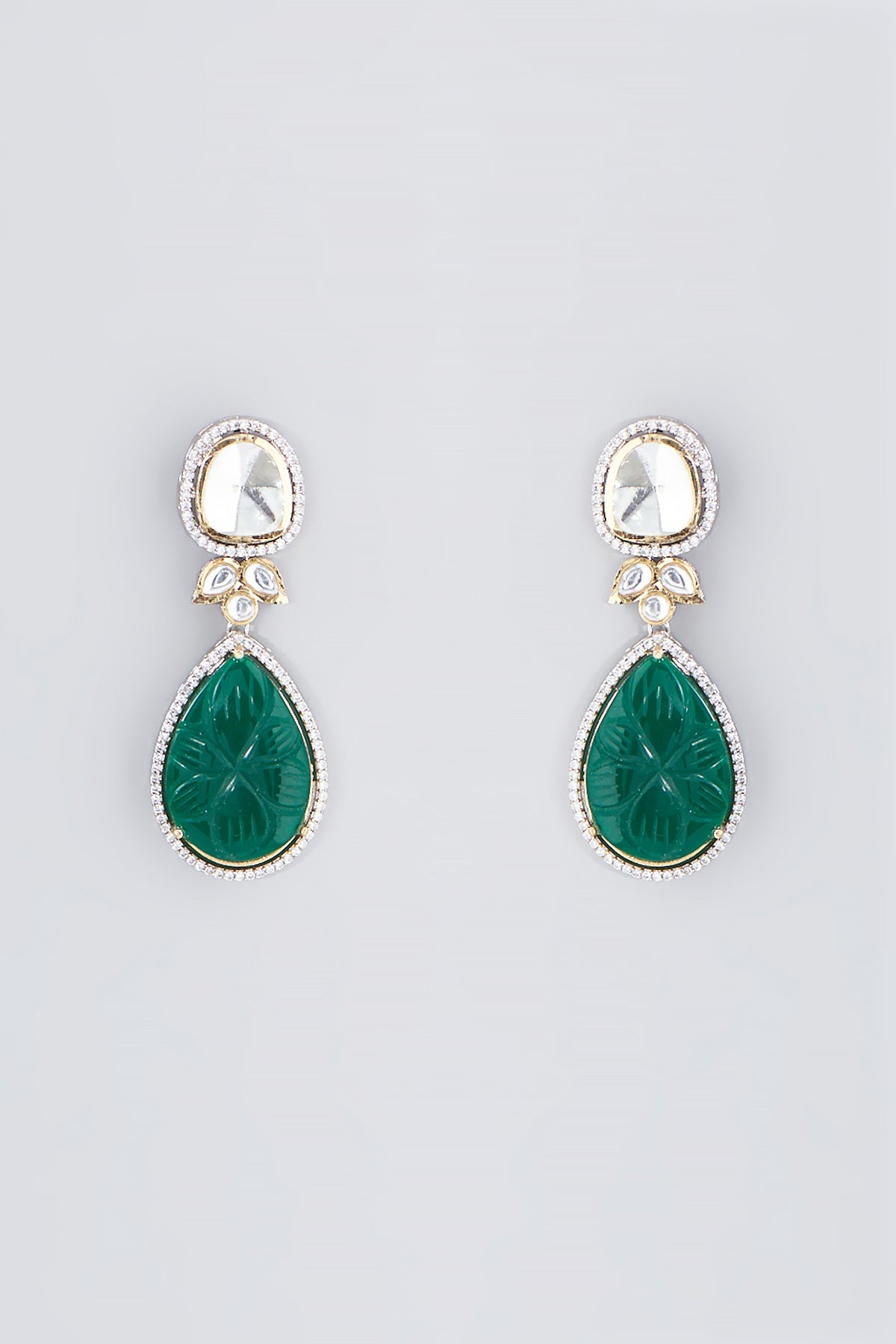 White Finish Green Stone Dangler Earrings