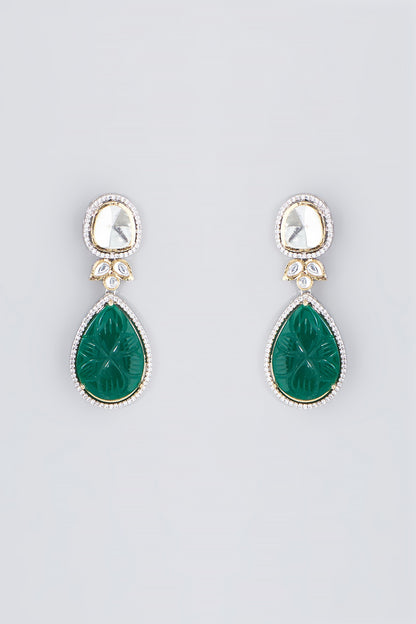 White Finish Green Stone Dangler Earrings