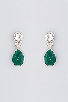 White Finish Green Stone Dangler Earrings