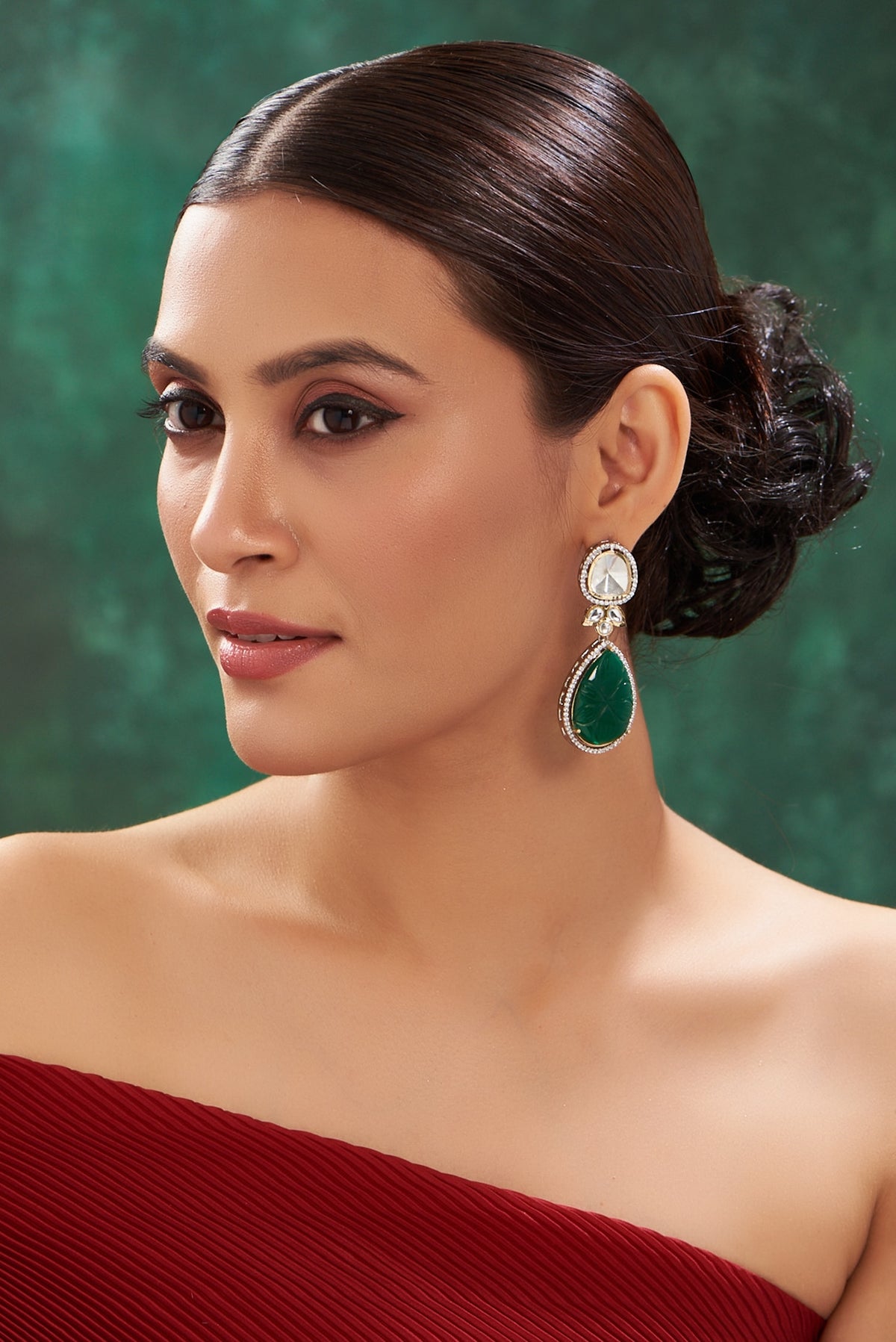 White Finish Green Stone Dangler Earrings