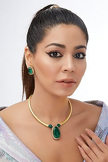 Gold Finish Zircon & Green Stone Necklace Set