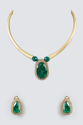 Gold Finish Zircon & Green Stone Necklace Set