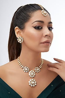 Gold Finish Kundan Polki & Synthetic Stone Long Necklace Set