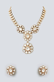 Gold Finish Kundan Polki & Synthetic Stone Long Necklace Set